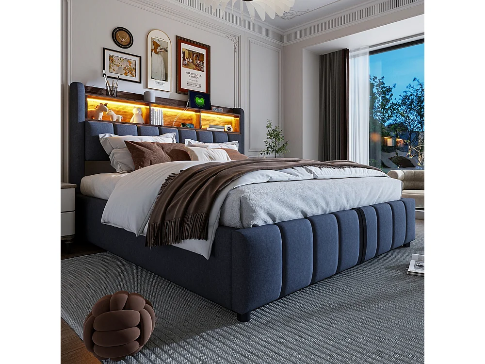 Lit coffre 180x200 avec éclairage LED et port USB tête de lit avec tablettes et espace de rangement avec espace de rangement hydraulique lin gris