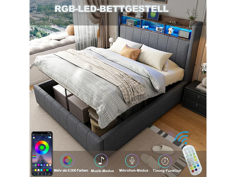 Lit coffre 180x200 avec éclairage LED et port USB tête de lit avec tablettes et espace de rangement avec espace de rangement hydraulique lin gris