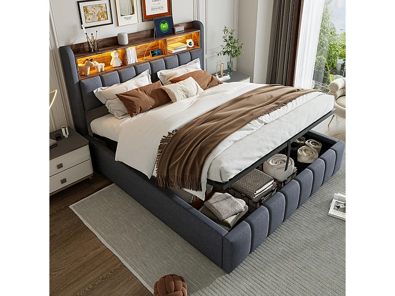 Lit coffre 180x200 avec éclairage LED et port USB tête de lit avec tablettes et espace de rangement avec espace de rangement hydraulique lin gris