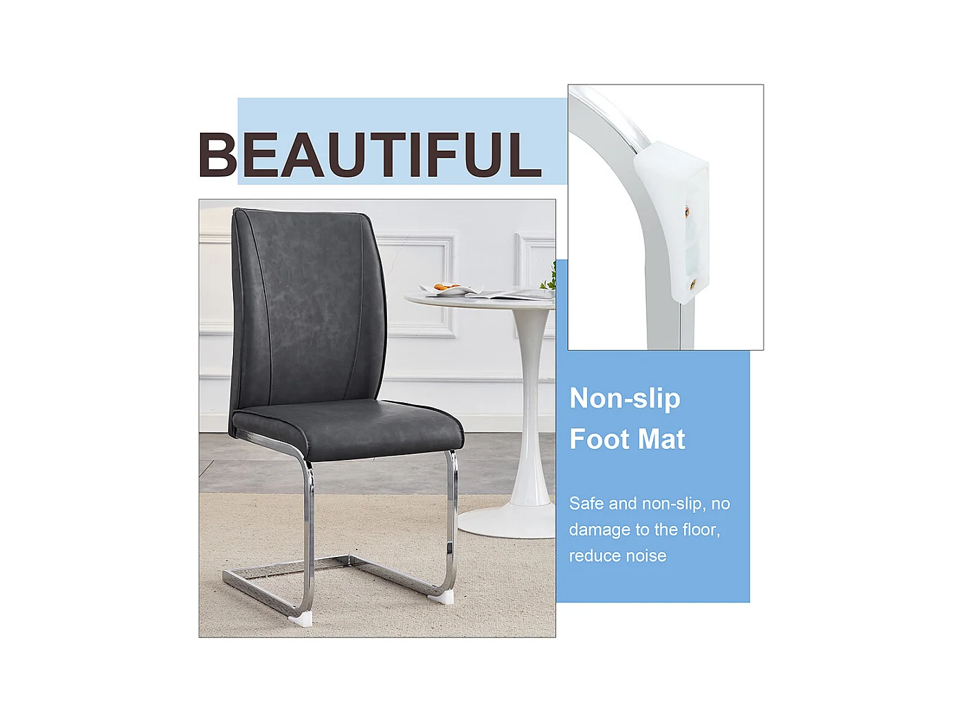 Lot de 2 chaises PU gris coussins confortables pieds métal argenté design moderne