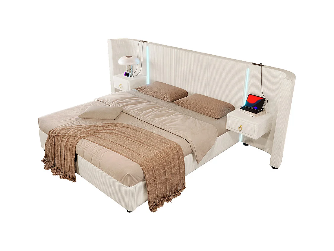 Lit coffre rembourré 180x200 cm bande LED rangement hydraulique 2 tiroirs USB+TYPE-C velours sans matelas beige