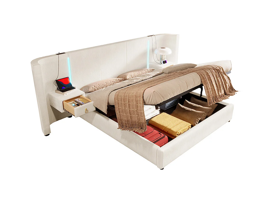 Lit coffre rembourré 180x200 cm bande LED rangement hydraulique 2 tiroirs USB+TYPE-C velours sans matelas beige