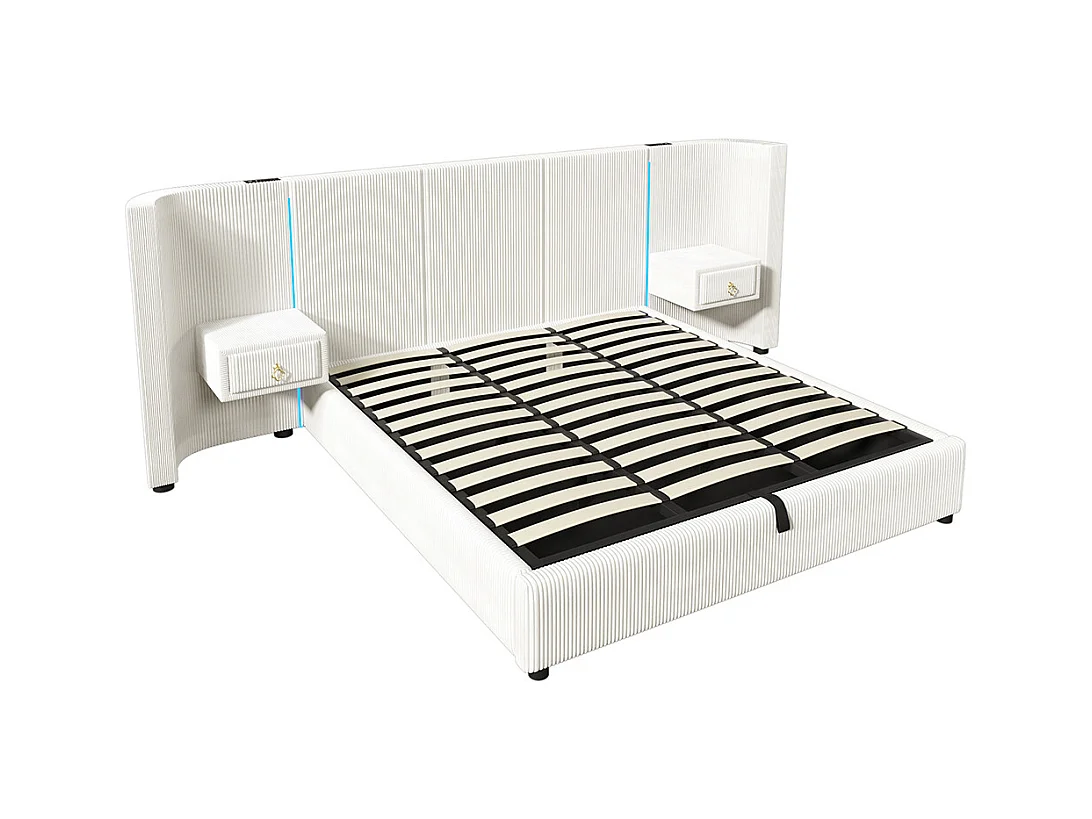 Lit coffre rembourré 180x200 cm bande LED rangement hydraulique 2 tiroirs USB+TYPE-C velours sans matelas beige