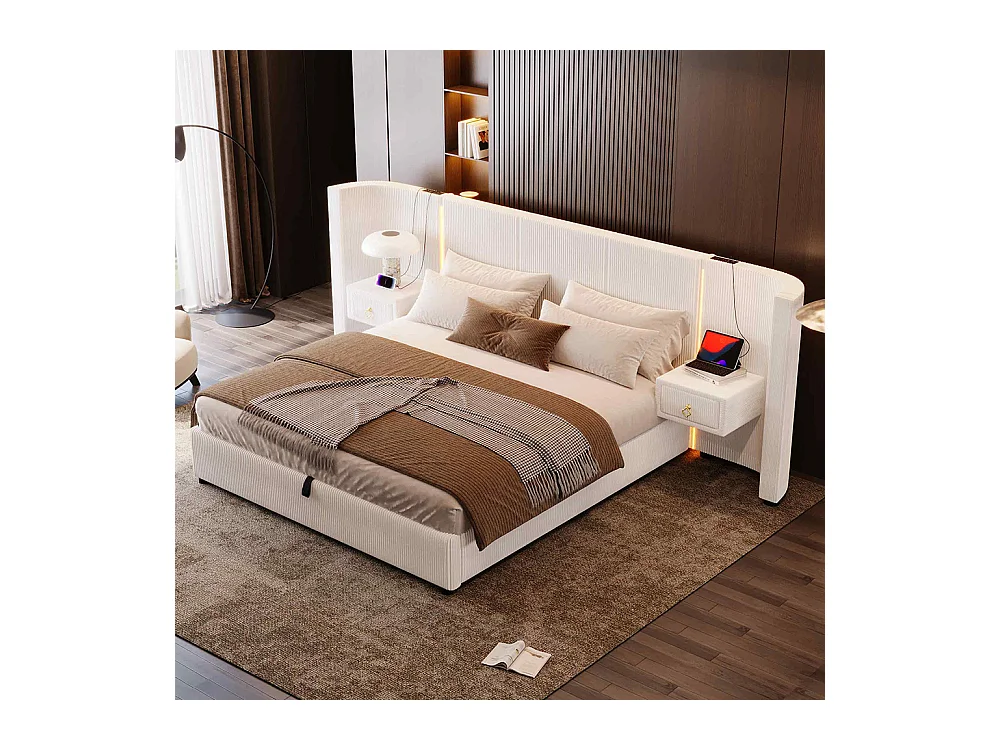 Lit coffre rembourré 180x200 cm bande LED rangement hydraulique 2 tiroirs USB+TYPE-C velours sans matelas beige