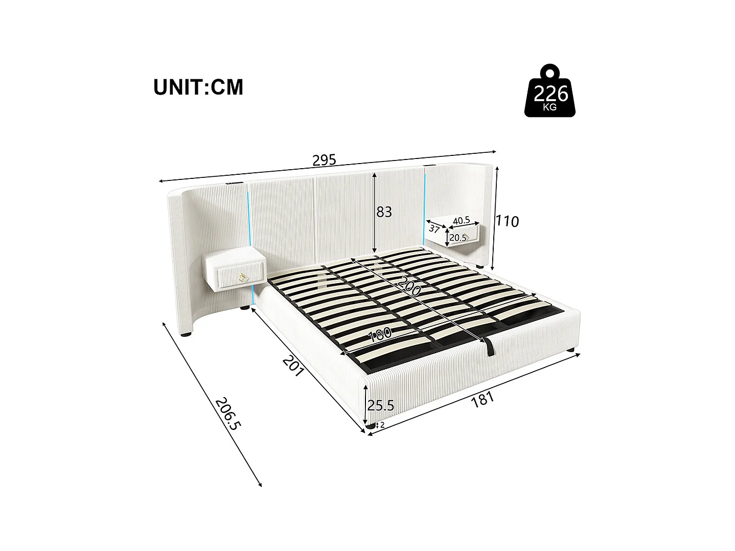 Lit coffre rembourré 180x200 cm bande LED rangement hydraulique 2 tiroirs USB+TYPE-C velours sans matelas beige