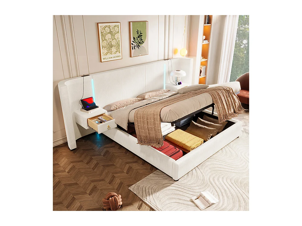 Lit coffre rembourré 180x200 cm bande LED rangement hydraulique 2 tiroirs USB+TYPE-C velours sans matelas beige