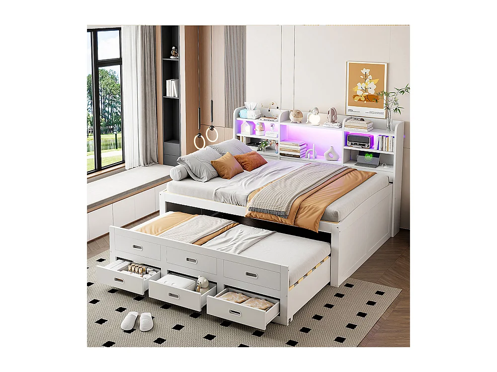 Lit combine lit de jour 140x200 cm télécommande LED 3 tiroirs tablette de chevet lit gigogne multifonctionnel avec USB + type C blanc