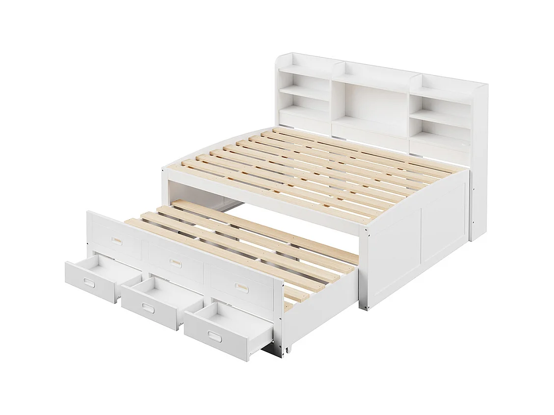 Lit combine lit de jour 140x200 cm télécommande LED 3 tiroirs tablette de chevet lit gigogne multifonctionnel avec USB + type C blanc