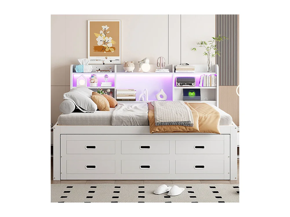 Lit combine lit de jour 140x200 cm télécommande LED 3 tiroirs tablette de chevet lit gigogne multifonctionnel avec USB + type C blanc
