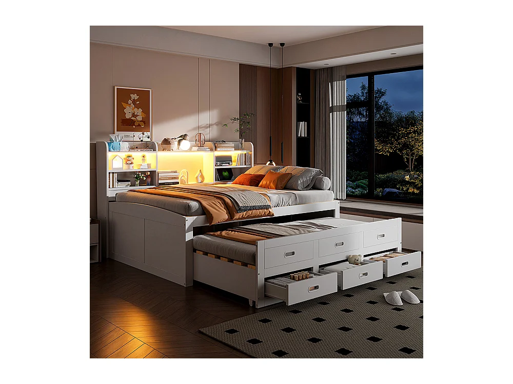 Lit combine lit de jour 140x200 cm télécommande LED 3 tiroirs tablette de chevet lit gigogne multifonctionnel avec USB + type C blanc