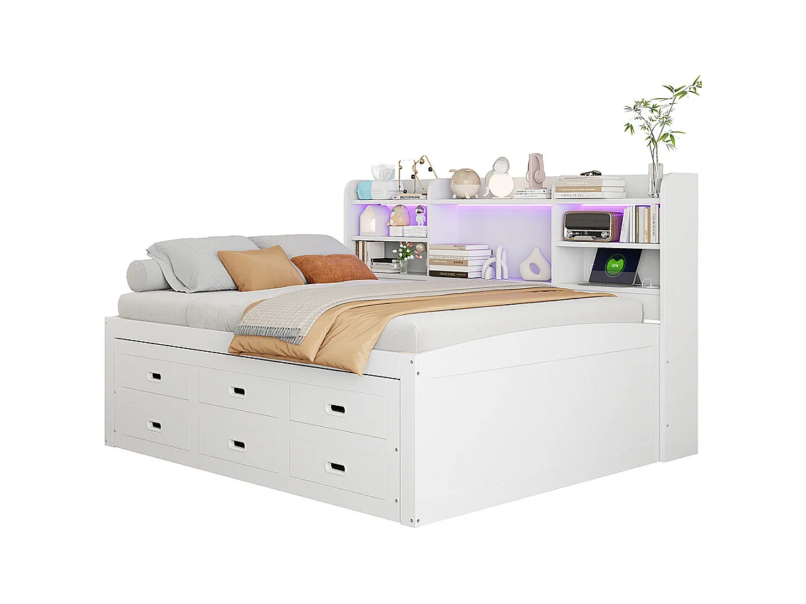 Lit combine lit de jour 140x200 cm télécommande LED 3 tiroirs tablette de chevet lit gigogne multifonctionnel avec USB + type C blanc