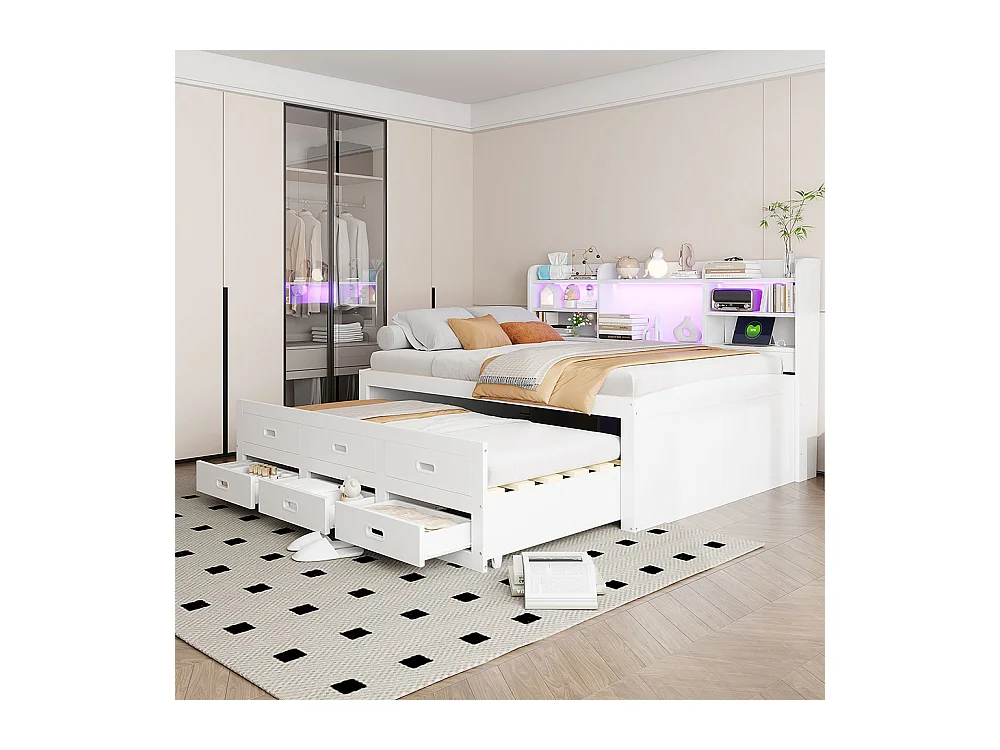 Lit combine lit de jour 140x200 cm télécommande LED 3 tiroirs tablette de chevet lit gigogne multifonctionnel avec USB + type C blanc