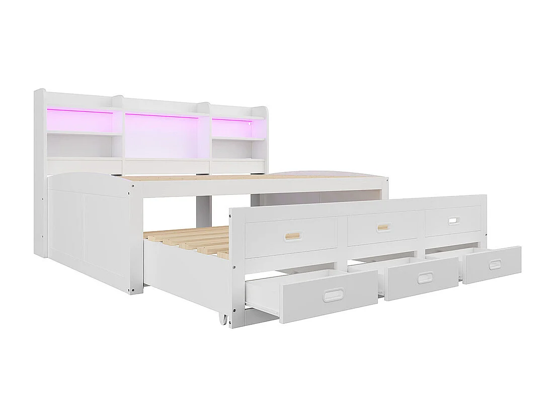 Lit combine lit de jour 140x200 cm télécommande LED 3 tiroirs tablette de chevet lit gigogne multifonctionnel avec USB + type C blanc