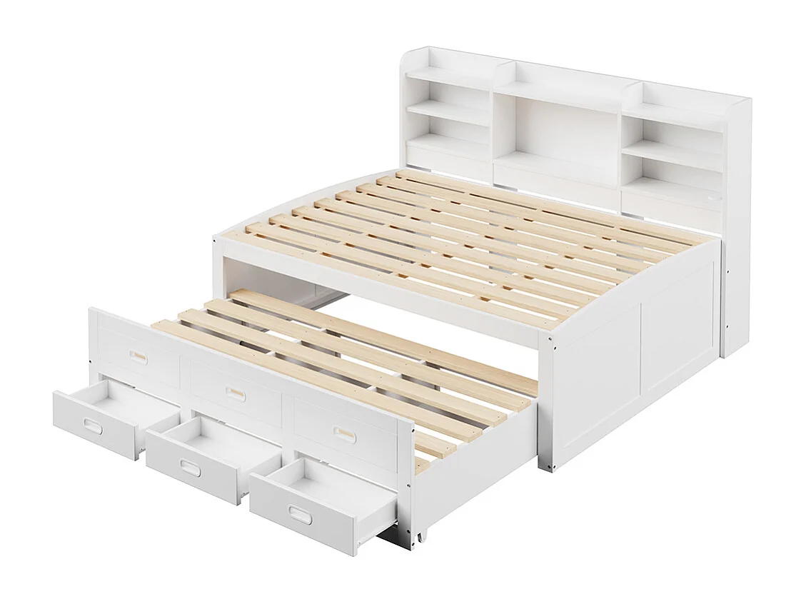 Lit combine lit de jour 140x200 cm télécommande LED 3 tiroirs tablette de chevet lit gigogne multifonctionnel avec USB + type C blanc