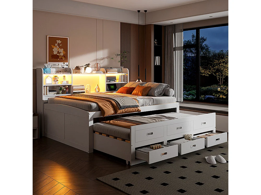 Lit combine lit de jour 140x200 cm télécommande LED 3 tiroirs tablette de chevet lit gigogne multifonctionnel avec USB + type C blanc