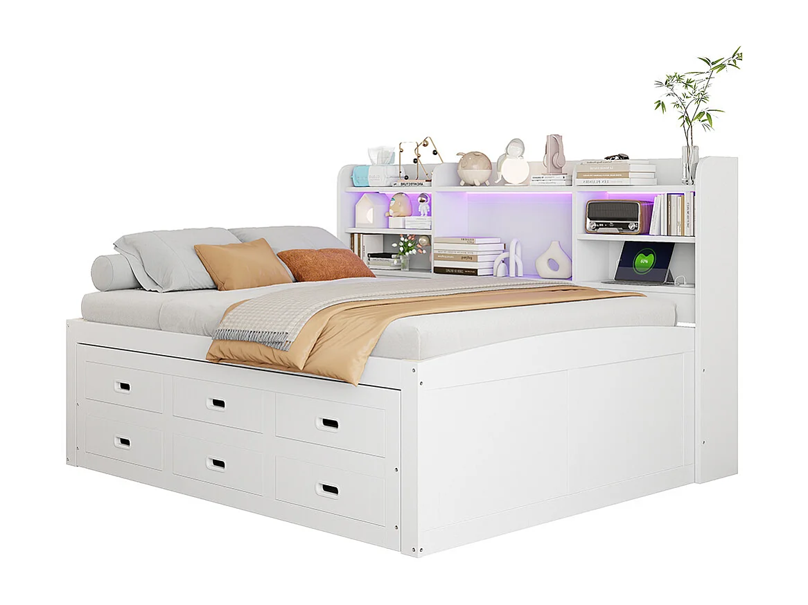 Lit combine lit de jour 140x200 cm télécommande LED 3 tiroirs tablette de chevet lit gigogne multifonctionnel avec USB + type C blanc