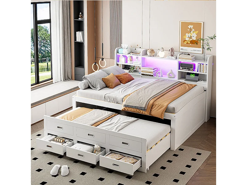 Lit combine lit de jour 140x200 cm télécommande LED 3 tiroirs tablette de chevet lit gigogne multifonctionnel avec USB + type C blanc