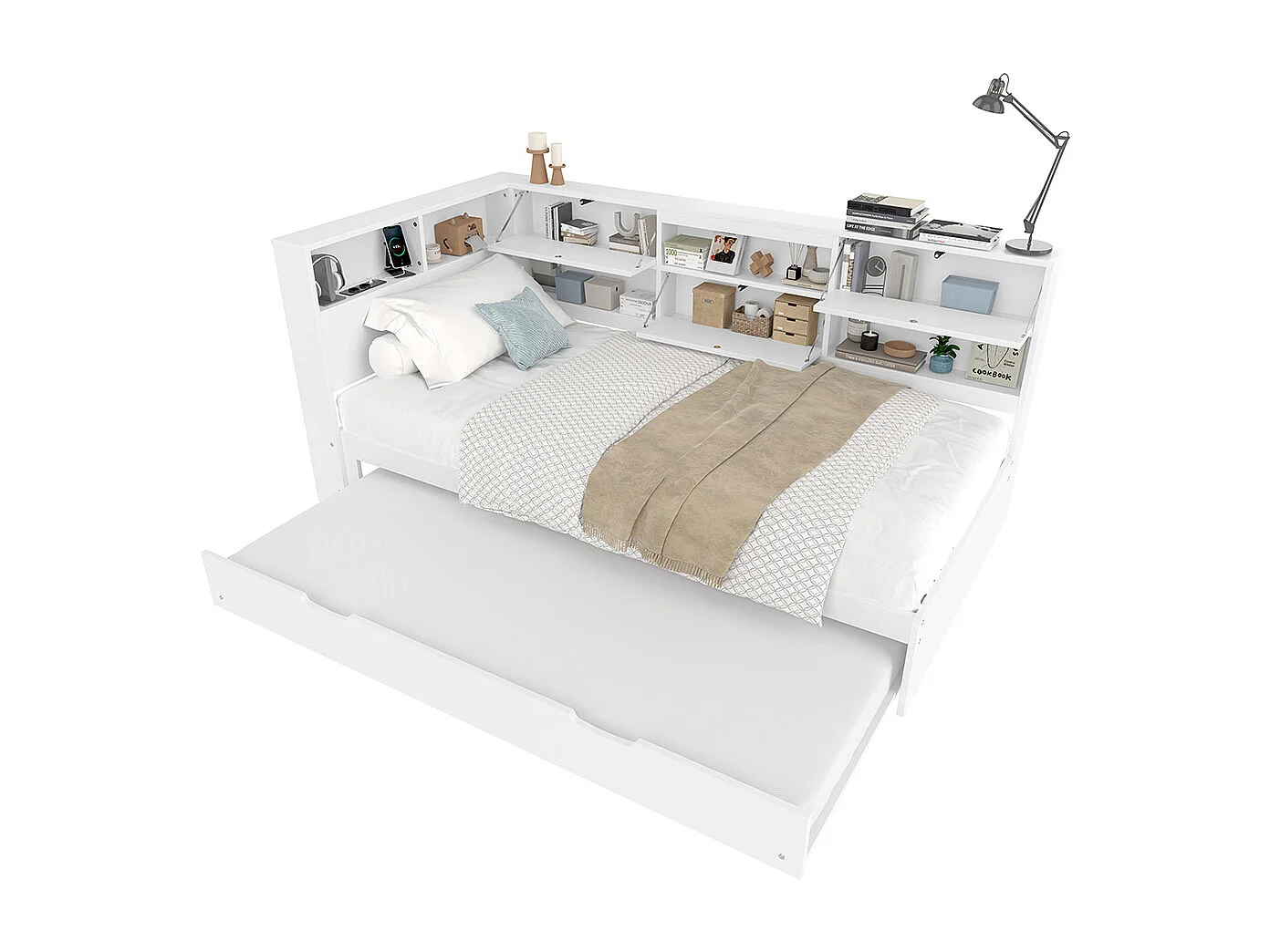 Lit combiné lit de jour canapé-lit 90x200 cm tête de lit rangement gigogne sans matelas blanc