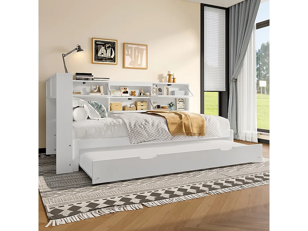Lit combiné lit de jour canapé-lit 90x200 cm tête de lit rangement gigogne sans matelas blanc