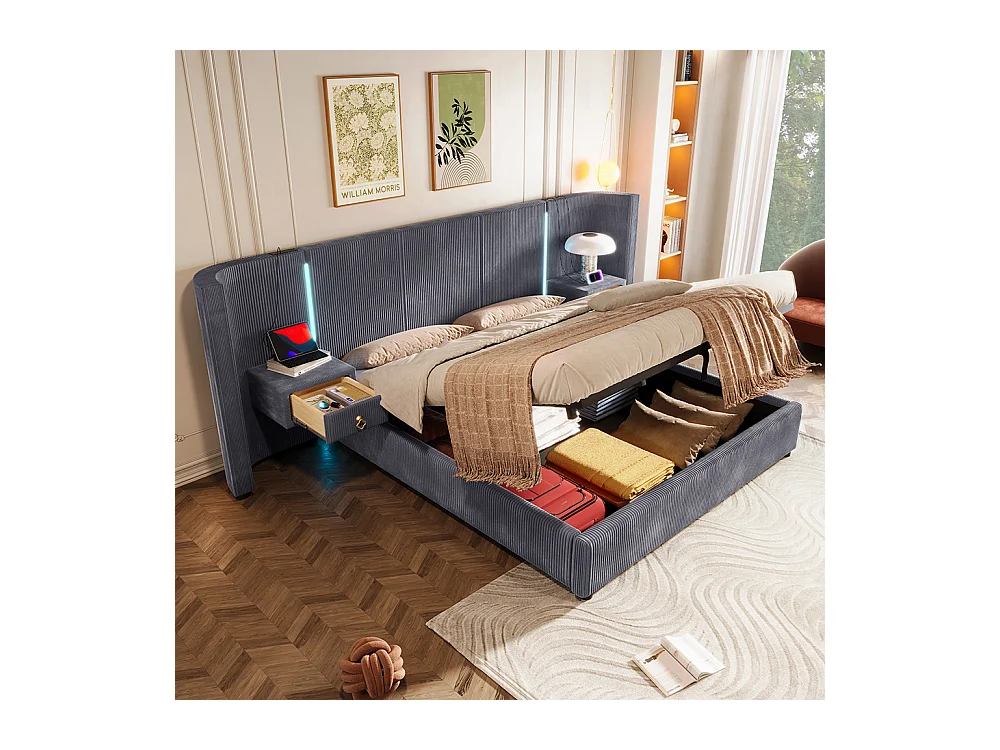 Lit coffre rembourré 180x200 cm bande LED rangement hydraulique 2 tiroirs USB+TYPE-C velours sans matelas gris