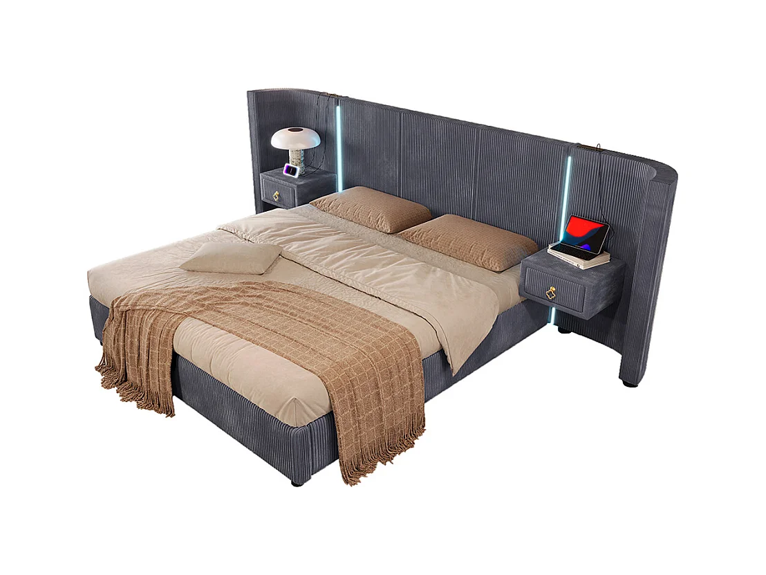 Lit coffre rembourré 180x200 cm bande LED rangement hydraulique 2 tiroirs USB+TYPE-C velours sans matelas gris