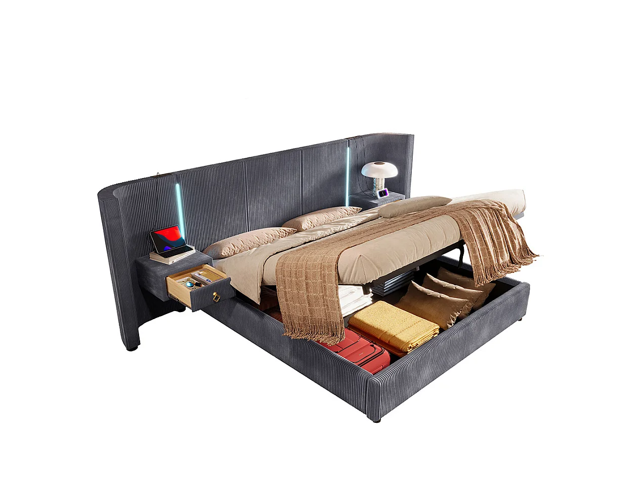 Lit coffre rembourré 180x200 cm bande LED rangement hydraulique 2 tiroirs USB+TYPE-C velours sans matelas gris