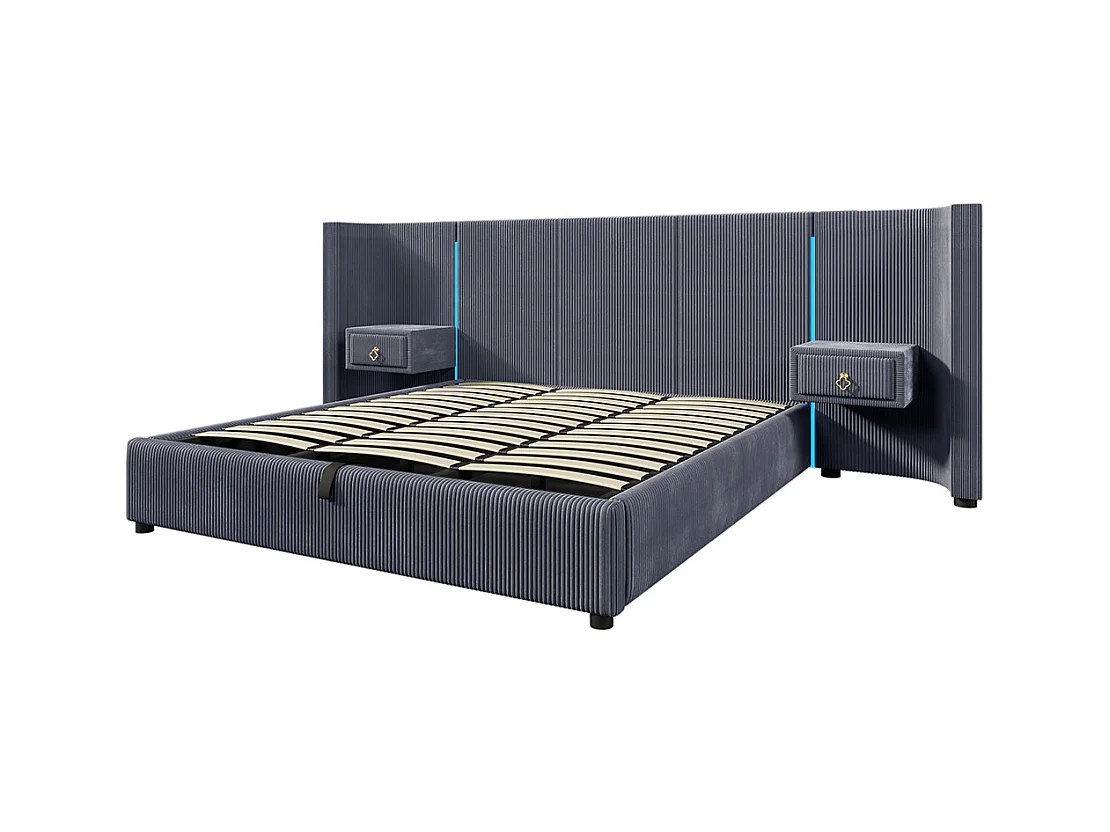 Lit coffre rembourré 180x200 cm bande LED rangement hydraulique 2 tiroirs USB+TYPE-C velours sans matelas gris