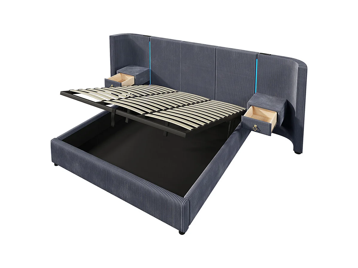 Lit coffre rembourré 180x200 cm bande LED rangement hydraulique 2 tiroirs USB+TYPE-C velours sans matelas gris
