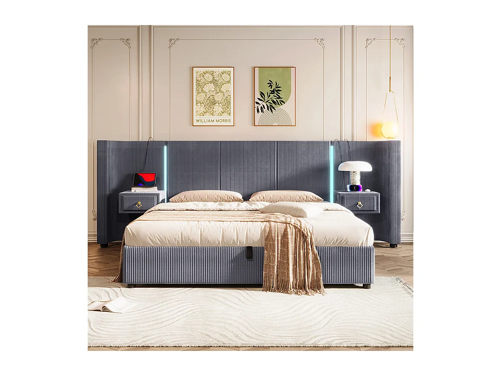 Lit coffre rembourré 180x200 cm bande LED rangement hydraulique 2 tiroirs USB+TYPE-C velours sans matelas gris