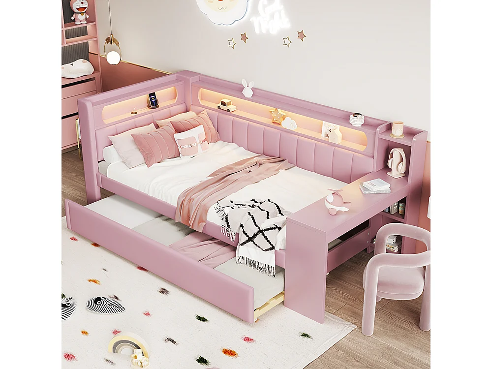 Lit combiné rembourré 90x200 ports USB bande LED lit gigogne bureau rose