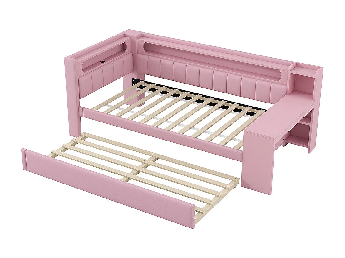 Lit combiné rembourré 90x200 ports USB bande LED lit gigogne bureau rose
