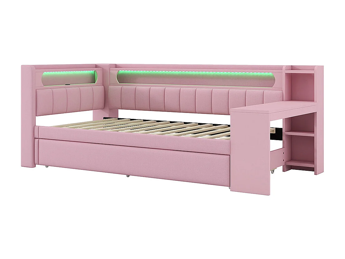 Lit combiné rembourré 90x200 ports USB bande LED lit gigogne bureau rose