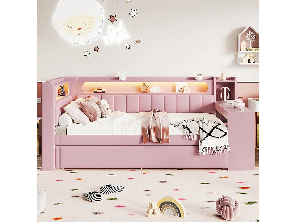 Lit combiné rembourré 90x200 ports USB bande LED lit gigogne bureau rose