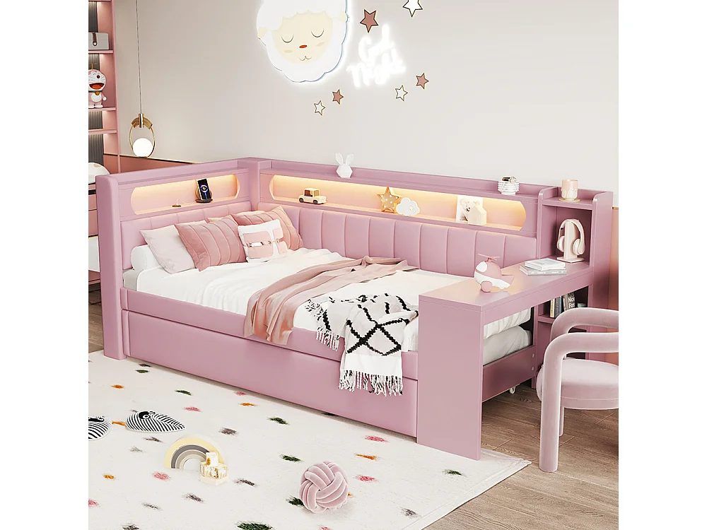 Lit combiné rembourré 90x200 ports USB bande LED lit gigogne bureau rose