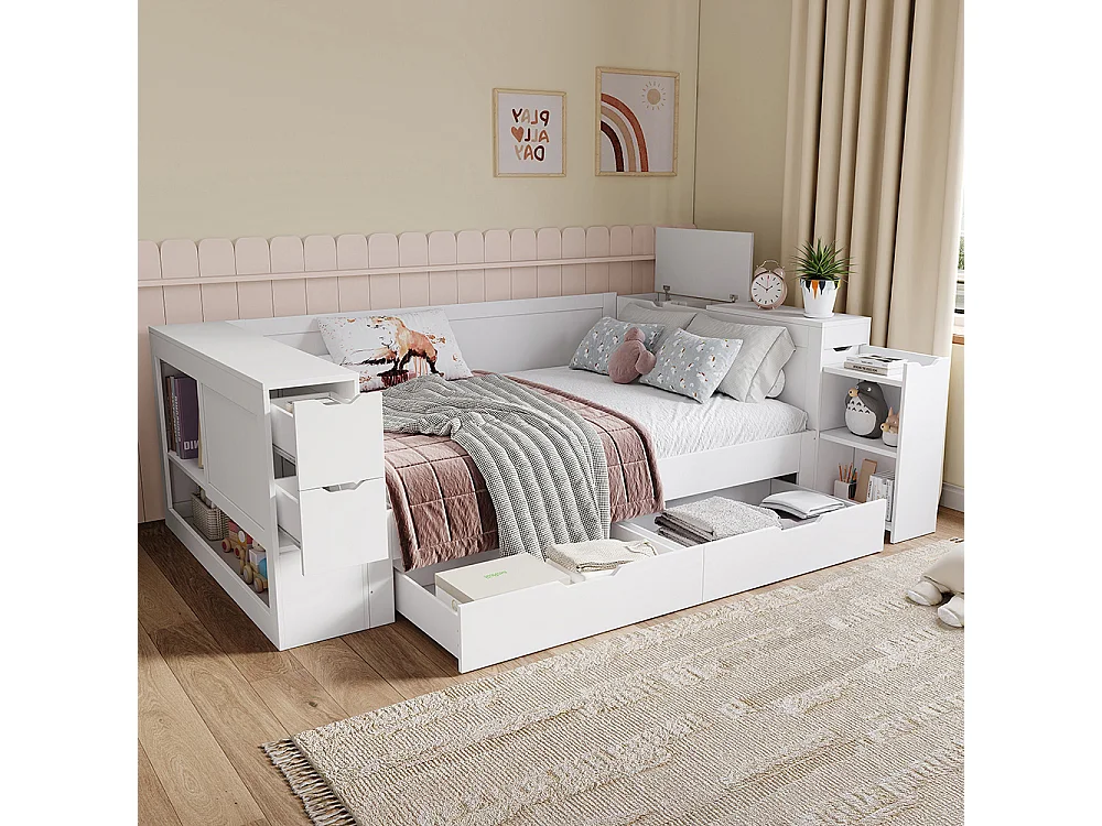 Lit combine enfant 140x200 cm avec tiroirs étagères et espace de rangement avec table de chevet avec espace de rangement blanc