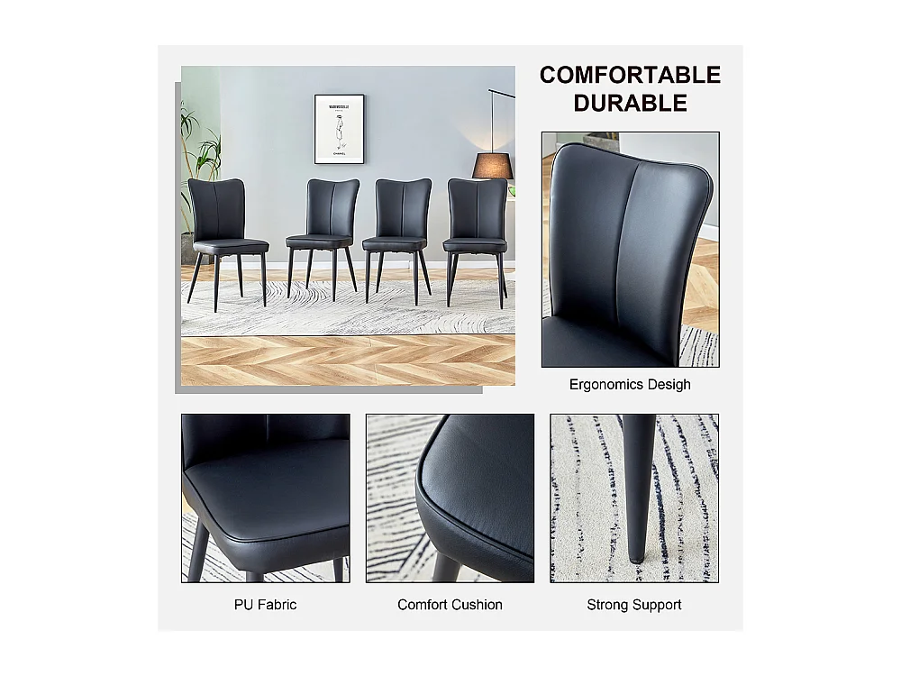 Chaise moderne minimaliste noir dossier rembourré cuir PU pieds métal noir polyvalente lot de 2