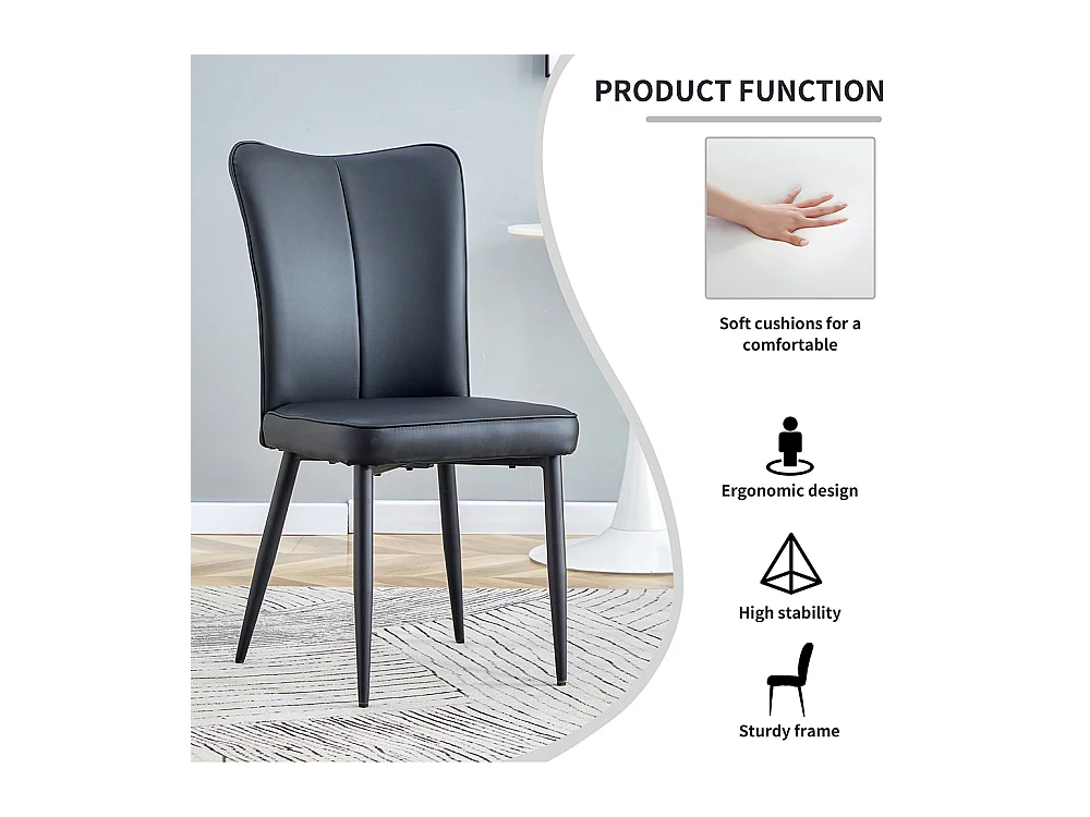 Chaise moderne minimaliste noir dossier rembourré cuir PU pieds métal noir polyvalente lot de 2