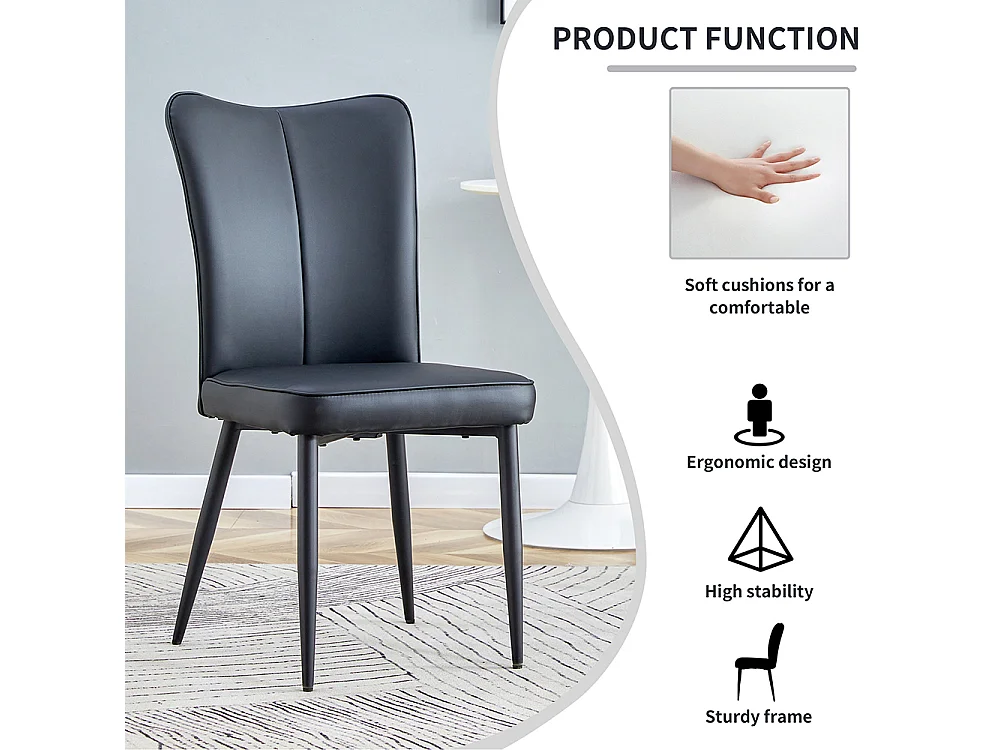 Chaise moderne minimaliste noir dossier rembourré cuir PU pieds métal noir polyvalente lot de 2