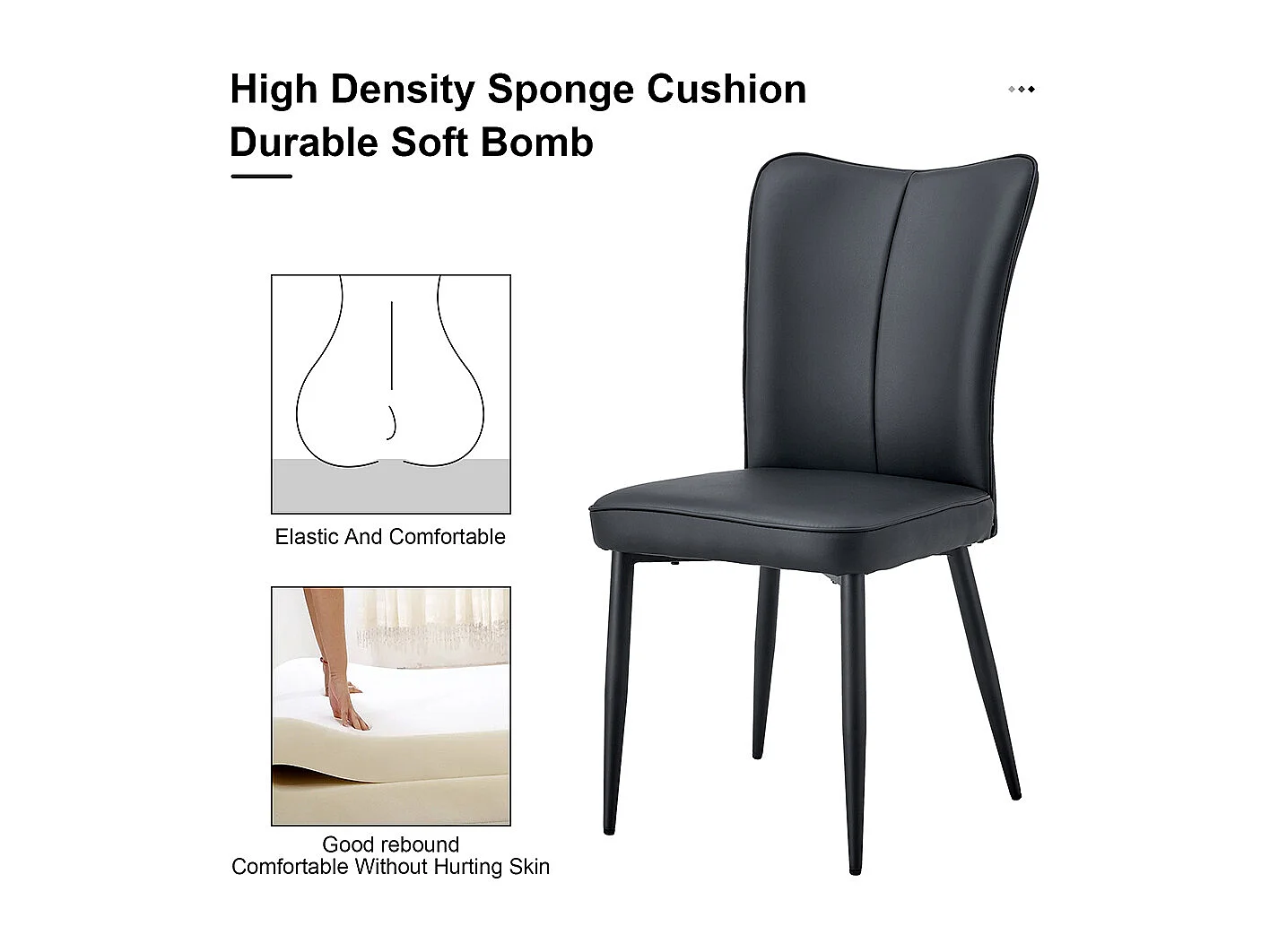 Chaise moderne minimaliste noir dossier rembourré cuir PU pieds métal noir polyvalente lot de 2