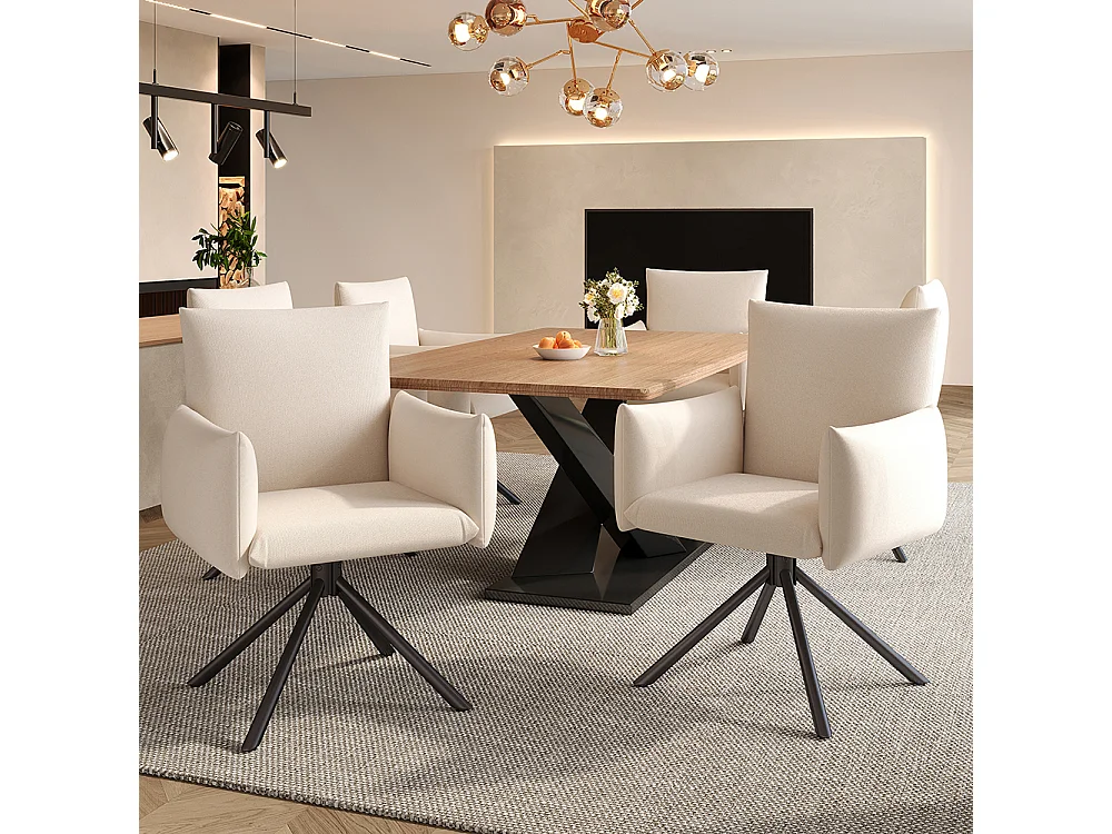 Set van 4 eetkamerstoelen, gestoffeerde stoel met 4 metalen poten, 360° draaibare stoel, lendensteun, beige fluweel