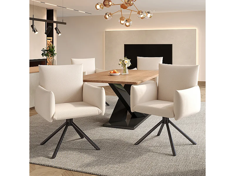 Set van 4 eetkamerstoelen, gestoffeerde stoel met 4 metalen poten, 360° draaibare stoel, lendensteun, beige fluweel