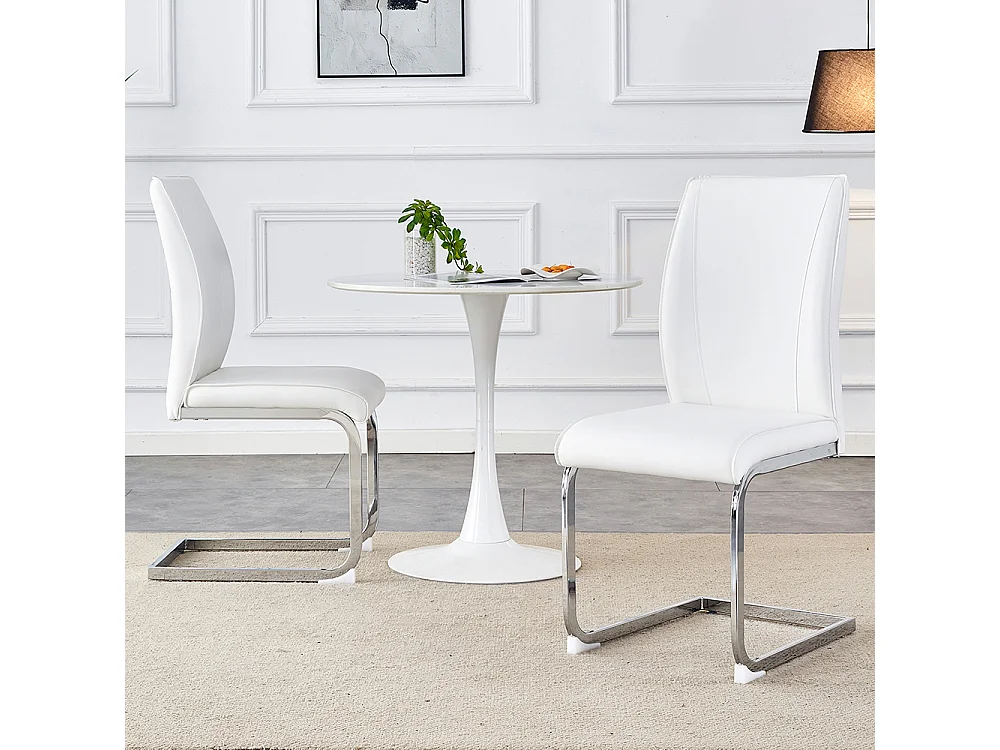 Lot de 2 chaises PU blanc coussins confortables pieds métal argenté design moderne