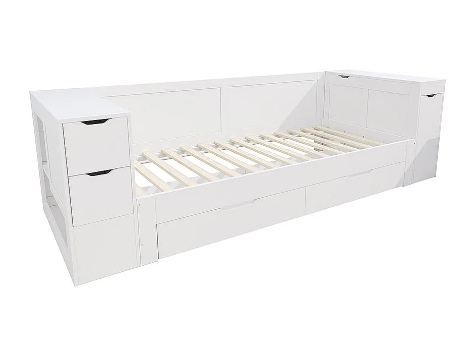 Lit combine enfant 90x200 cm avec tiroirs étagères et espace de rangement avec table de chevet avec espace de rangement blanc
