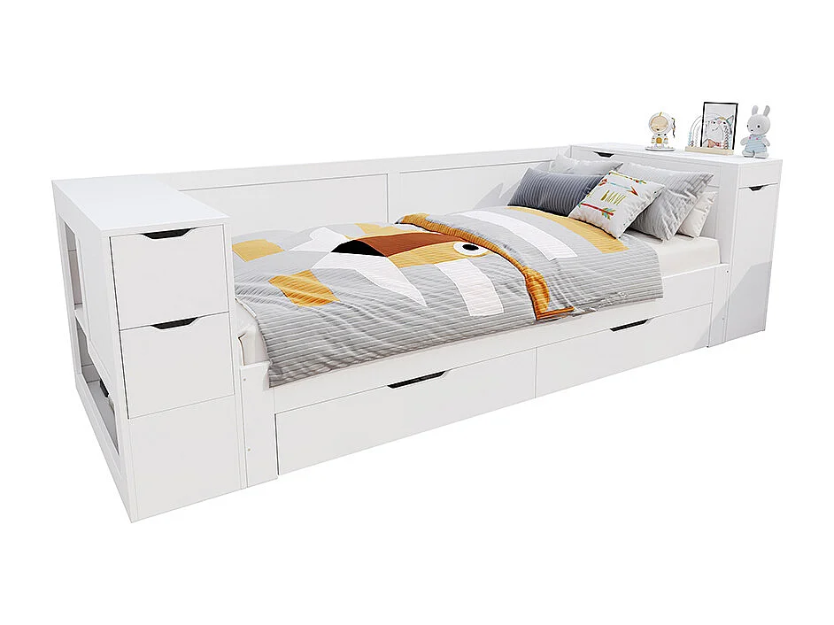 Lit combine enfant 90x200 cm avec tiroirs étagères et espace de rangement avec table de chevet avec espace de rangement blanc