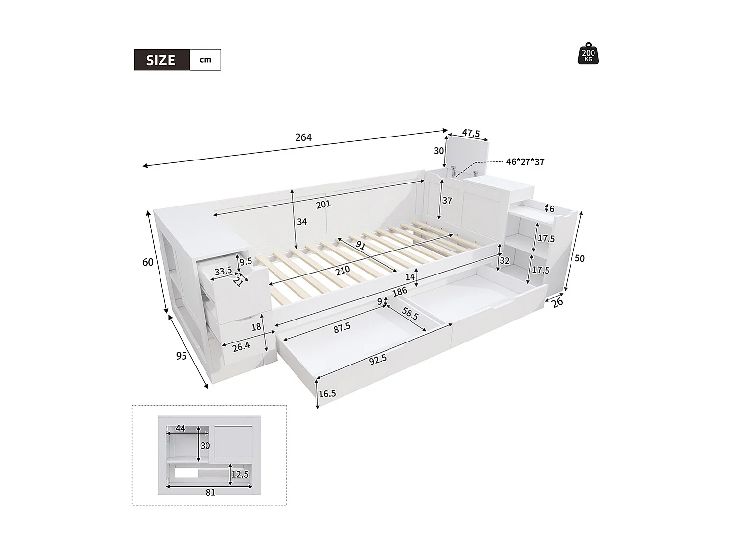 Lit combine enfant 90x200 cm avec tiroirs étagères et espace de rangement avec table de chevet avec espace de rangement blanc