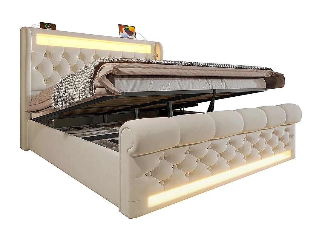 Lit coffre rembourré 140x200 cm avec éclairage LED tête de lit avec ports USB et Type-C beige velours avec matelas