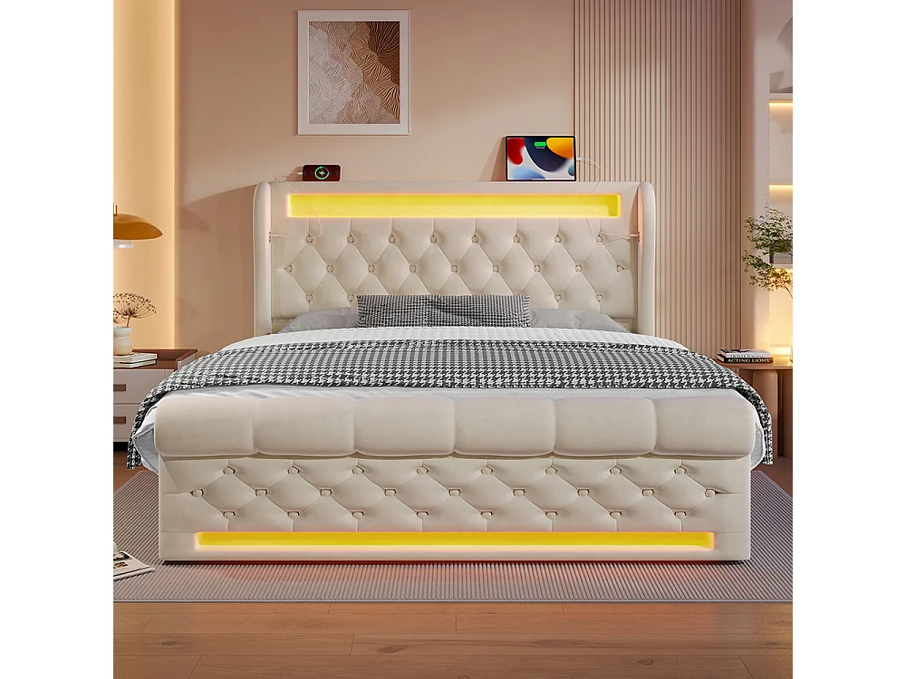 Lit coffre rembourré 140x200 cm avec éclairage LED tête de lit avec ports USB et Type-C beige velours avec matelas