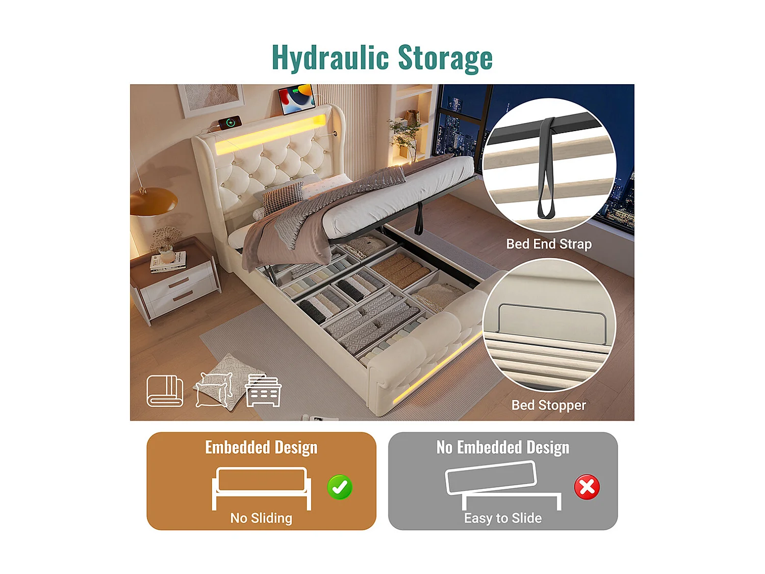 Lit coffre rembourré 140x200 cm avec éclairage LED tête de lit avec ports USB et Type-C beige velours avec matelas