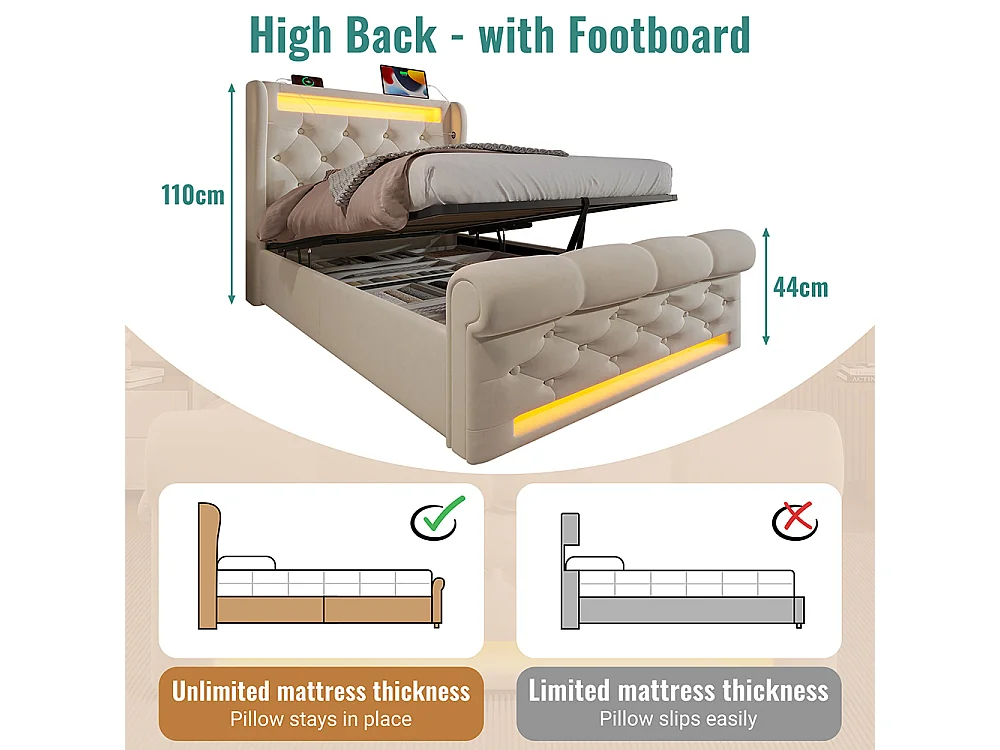 Lit coffre rembourré 140x200 cm avec éclairage LED tête de lit avec ports USB et Type-C beige velours avec matelas
