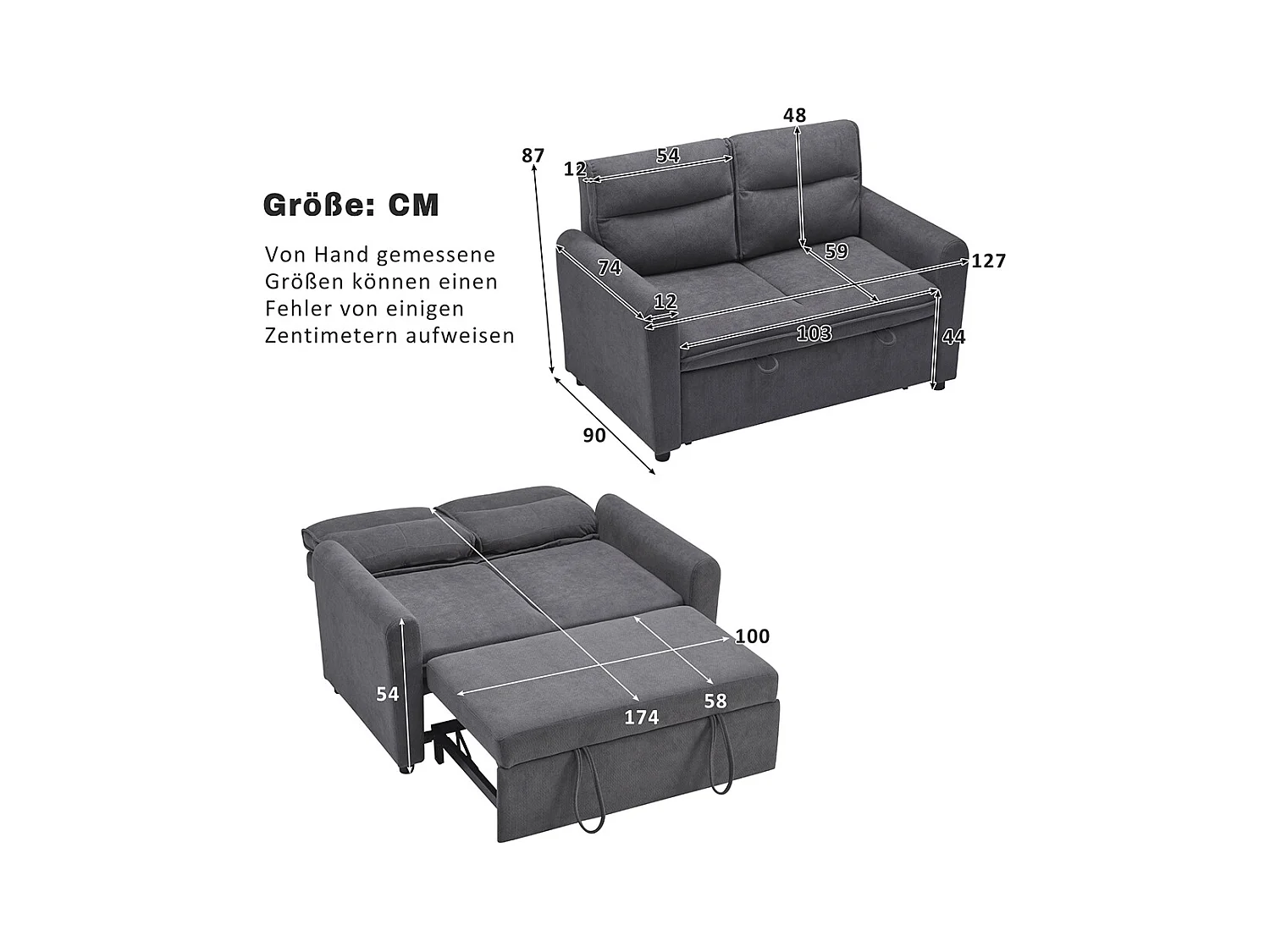 Canapé convertible 2 places moderne avec fonction couchette et dossier réglable grands coussins de dossier inclus gris antique